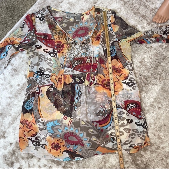 CHICO'S Silk Key-Hole Blouse Top Taupe Ivory Orange Maroon Aqua Yellow 100% silk - Picture 5 of 7